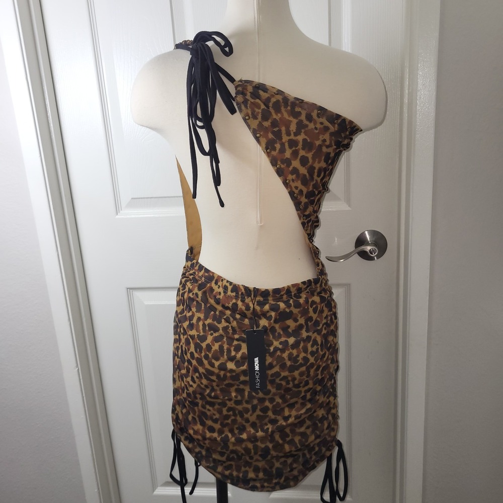 New! Fashion Nova Mesh Mini Dress Leopard Print Open Back Dress Size M - Picture 3 of 11